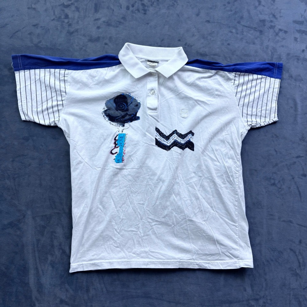 Vintage Sergio Tacchini Graphic Polo Shirt White Blue Abstract 80s 90s Korea 42